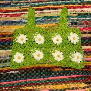 SHEIN Green Crochet Crop Top with White Floral Design